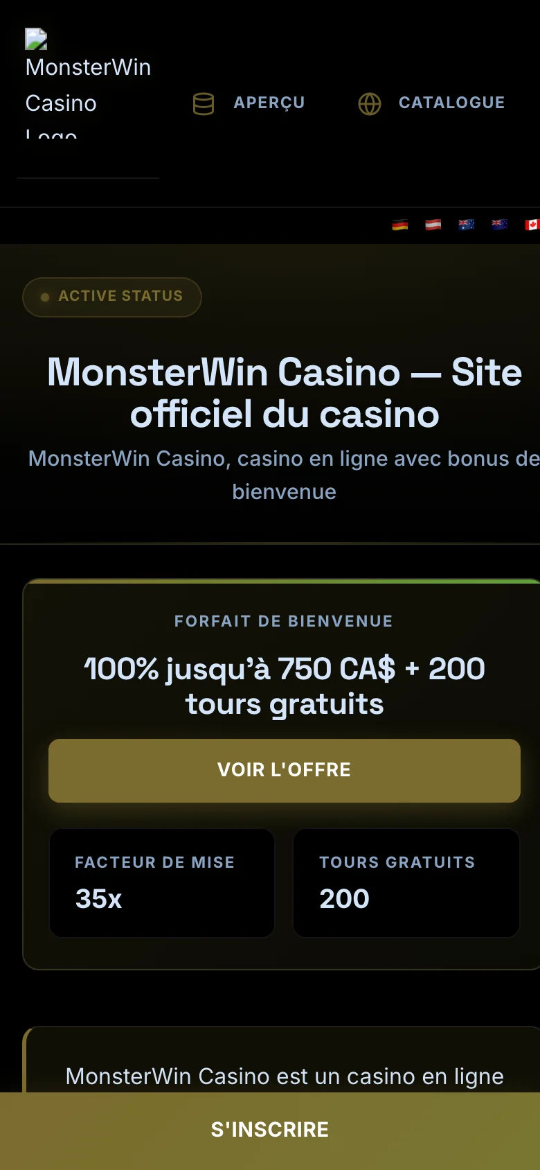 MonsterWin Casino mobile lobby screenshot
